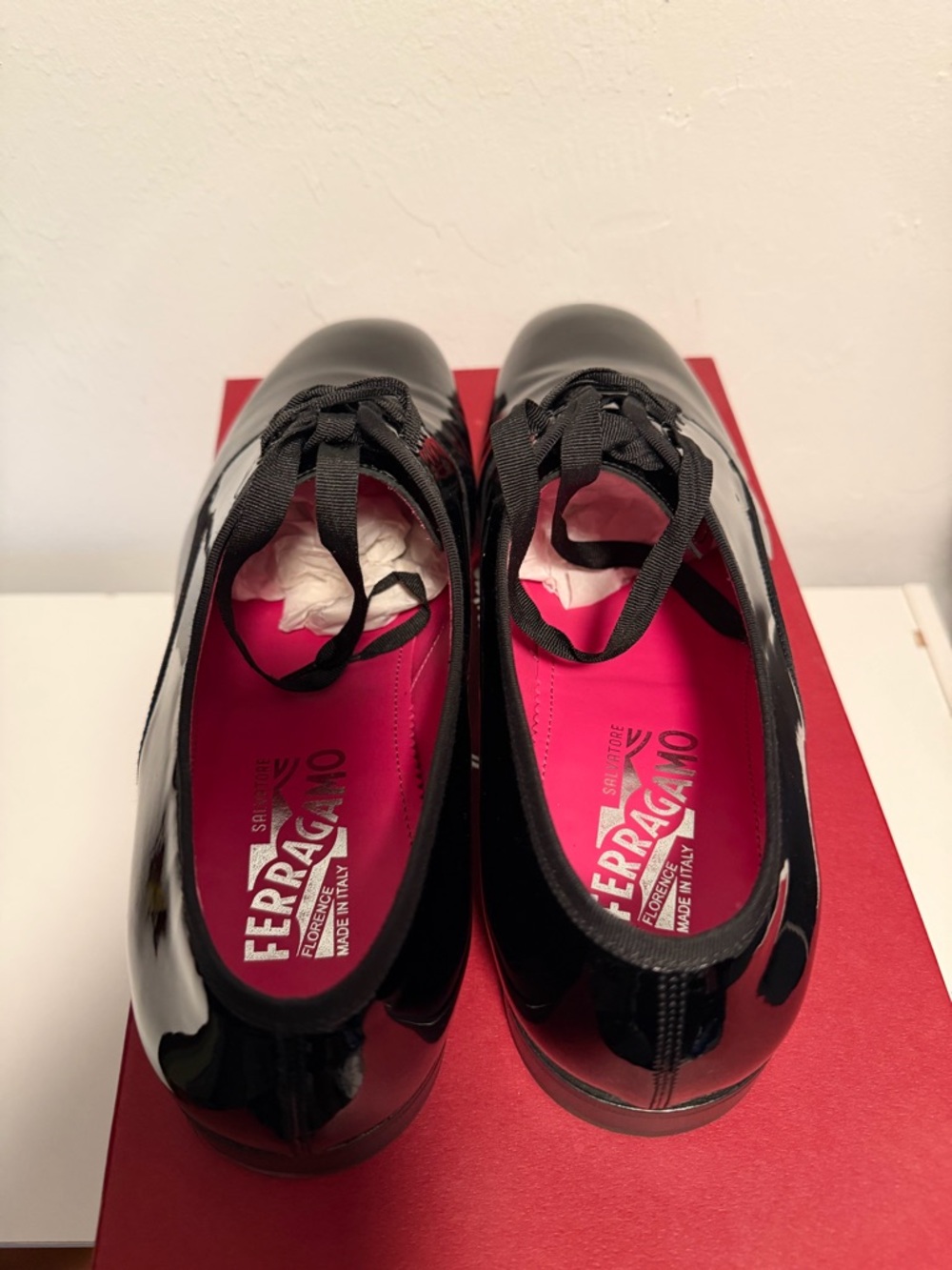 Salvatore Ferragamo Black Patent Leather Oxfords with Pink Lining - Picture 4 of 5